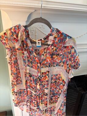 NWOT Missoni L Silk Multicolor Geometric Short-Sleeve Blouse — Red, Blue, Yellow